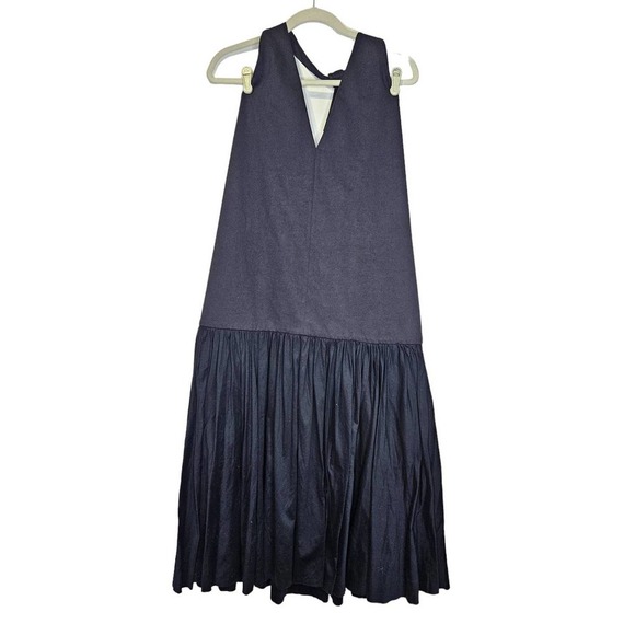 NEW TIBI 12 Punto Milano V-Neck Halter Open Back Midi Dress Drop Waist Navy Blue - Picture 2 of 8
